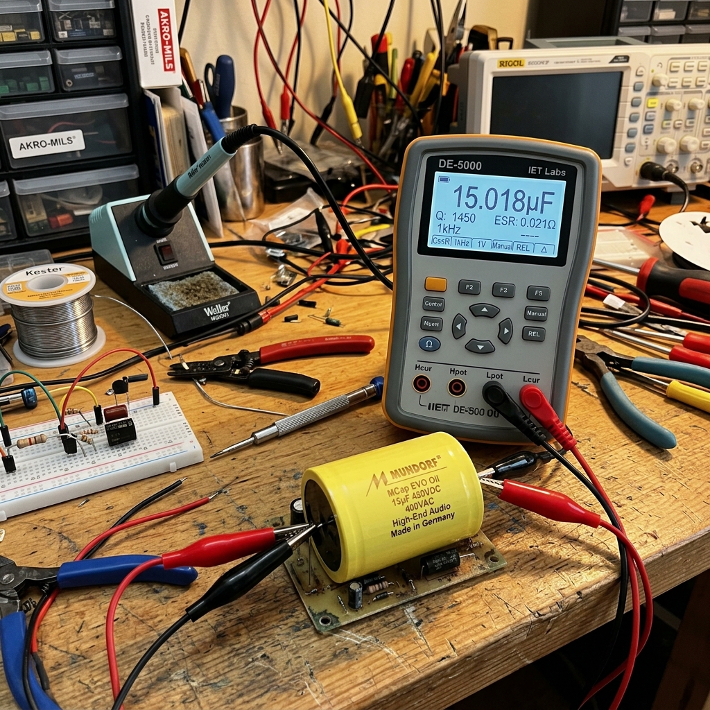 DE-5000 LCR meter measuring a crossover capacitor